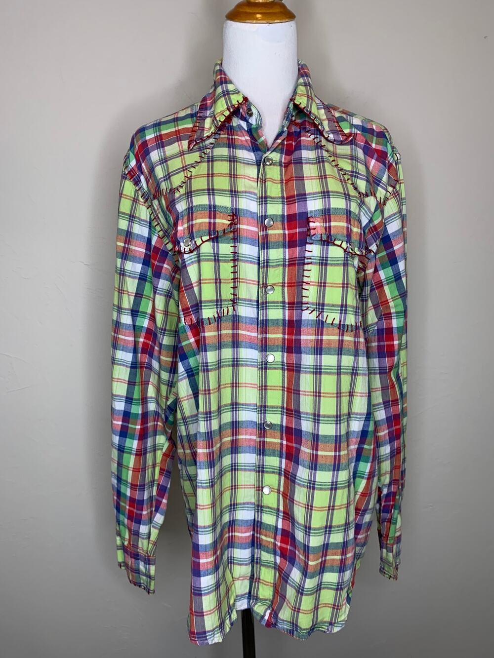 Martini Ranch Bright Plaid Whipstitch Snap Front Shirt Sz Medium
